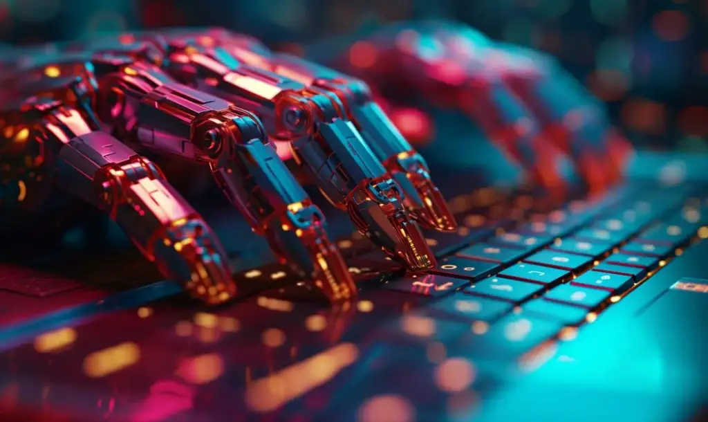 Manos de robot de IA escribiendo en un teclado