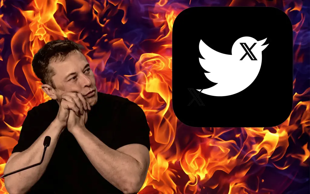Elon Musk con el logo de Twitter sobre un fondo en llamas