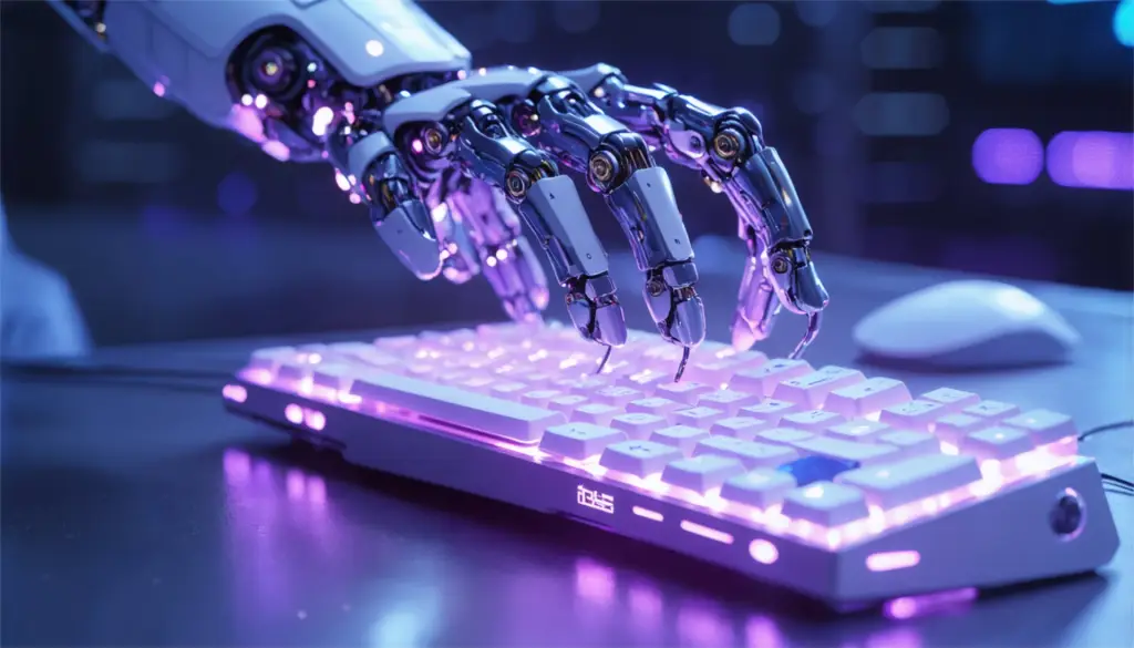 Manos de robot con IA escribiendo en un teclado